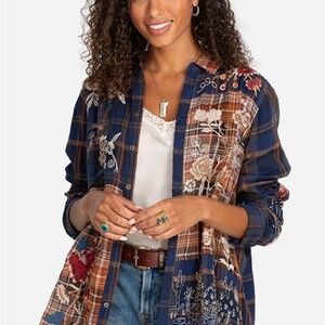 Johnny Was FREJA loose top XS embroidered patchwork bird flower plaid western